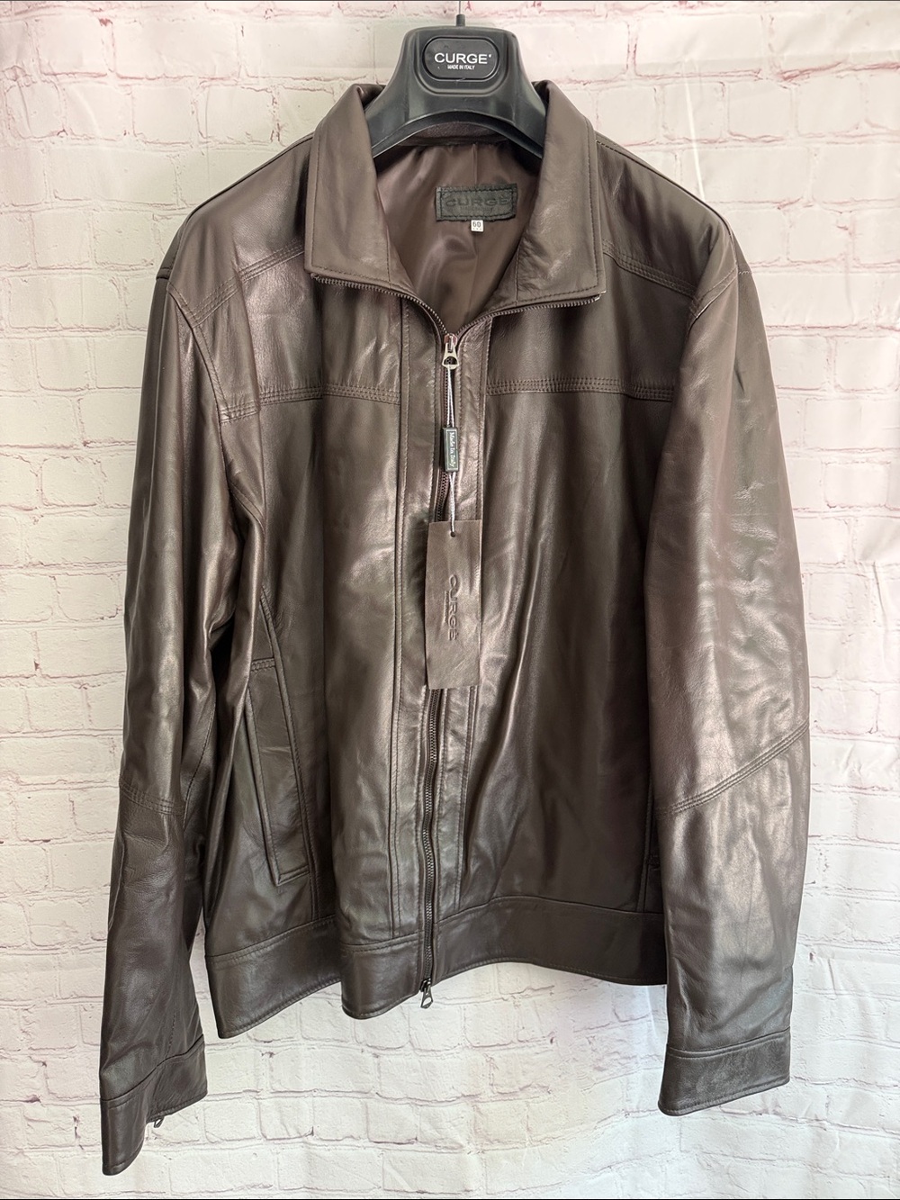 Italian Leather Brown Zip-Front Bomber Jacket by CURGÉ men’s size EU 60 2XL